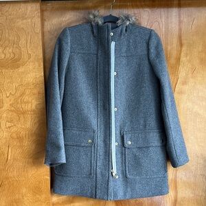 J Crew Gray Wool Coat with Faux Fur Collar